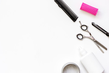 hairdresser tools on white background top view
