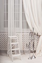 ladder, stepladder, windows, white, interior, hall, living, room, candle, holder, silver, curtaine, nobody, indoor, home, cozy, classic, blach, holiday, background, luxury