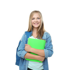 Pretty teenager schoolgirl in casual clothes isolated on white