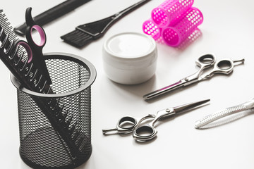 hairdresser working desk preparation for cutting hair