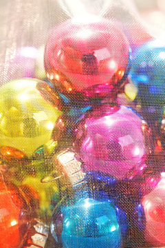 Multi-colored Christmas toys closeup