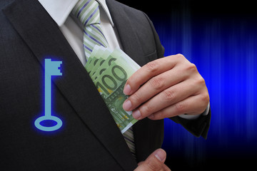 Businessman putting euro banknotes in suit pocket with virtual p