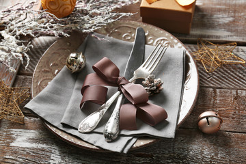 Beautiful Christmas table setting with decorations