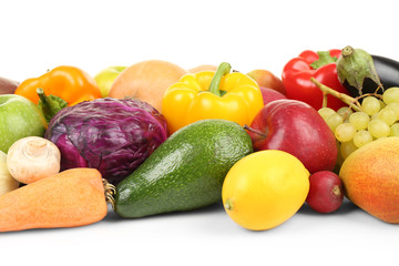 Group of fresh vegetables and fruits on white background, closeup