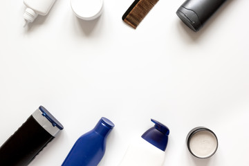 cosmetics for men in bottle on white background top view