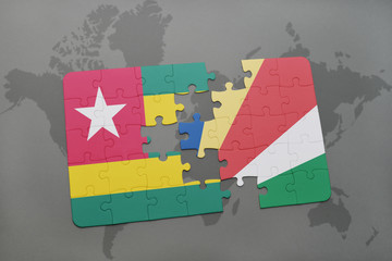 puzzle with the national flag of togo and seychelles on a world map