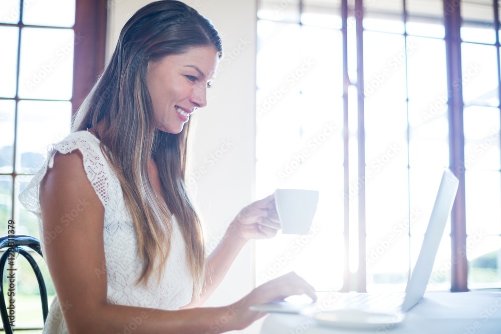 Poster smiling woman using a laptop while having a coffee
