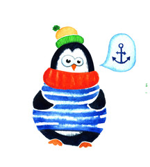 Cute penguin dreams about sea. Cartoon babies and little kids. Watercolor illustration isolated on white background