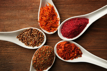 Spices in spoons on a wooden background