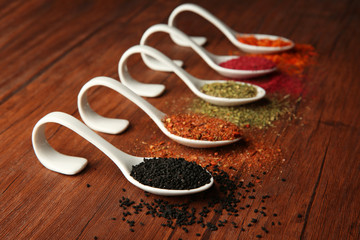 Spices in spoons on a wooden background