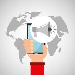 hand holds smartphone loadspeaker multimedia online vector illustration eps 10