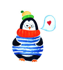 Cute penguin dreams about love. Cartoon babies and little kids. Watercolor illustration isolated on white background