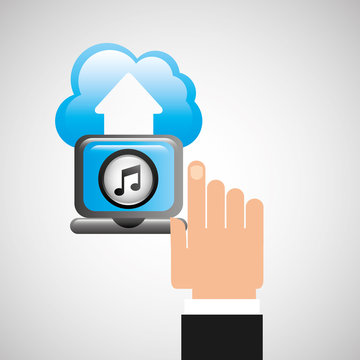 hand computer player upload cloud music note vector illustration eps 10