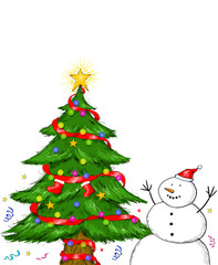 Decorated Christmas Tree Snowman White Background