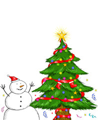 Decorated Christmas Tree Snowman White Background