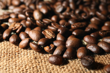 Fresh coffee beans on sackcloth background