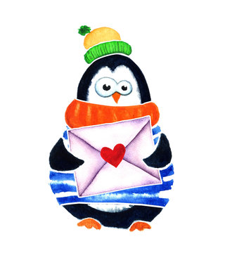 Cute penguin with heart and envelope dreams about love. Cartoon babies  little kids. Watercolor illustration isolated on white background