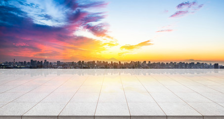 Business concept - Empty marble floor top with panoramic sky view of mountain under sunrise and morning blue bright sky for display or montage product