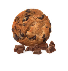 Tasty cookie with chocolate chips on white background