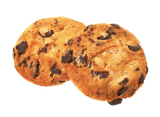Tasty cookies with chocolate chips on white background
