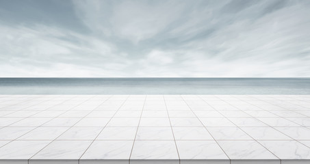 Business concept - Empty marble floor top with panoramic sky view of mountain under sunrise and...