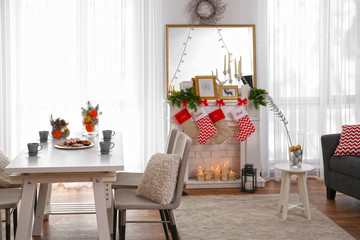 Interior of living room decorated for Christmas