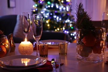 Close up view of table set for Christmas dinner
