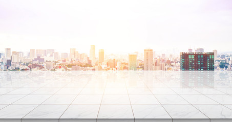 Business concept - Empty marble floor top with panoramic sky view of mountain under sunrise and morning blue bright sky for display or montage product