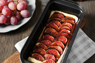 Delicious fig cake in baking dish