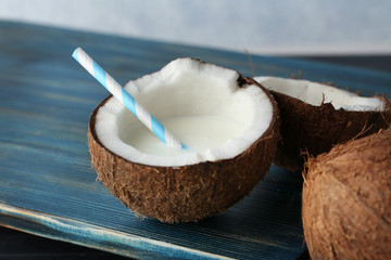 Tasty cocktail in coconut, closeup