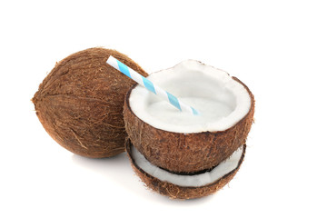Tasty cocktail in coconut on white background