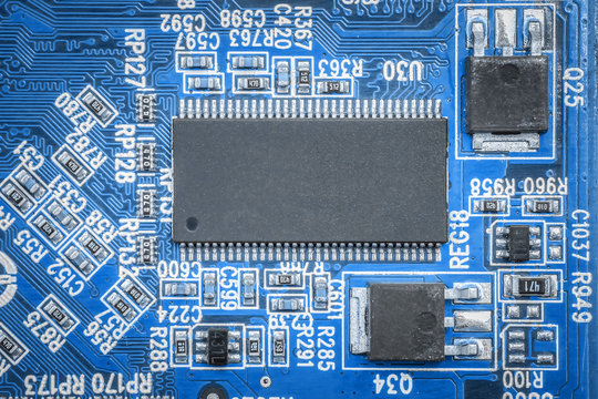 Closeup of a printed circuit board, integrated circuits