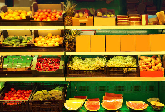 Fresh fruits and vegetables in supermarket