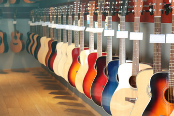 Guitars in music shop