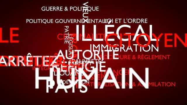 Illegal, immigration, crime, refugee word tag cloud, red, French variant, 3D rendering, UHD