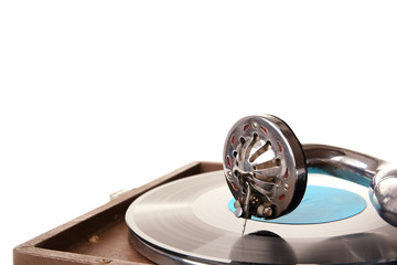 Old gramophone on white background