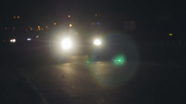 Driving Car On Highway, Roadway In Night Dark, Driver Traveling In Traffic, Pov
