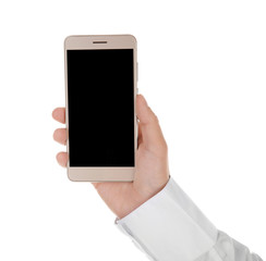 Male hand holding phone on white background