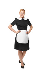 Fototapeta premium Beautiful chambermaid in uniform isolated on white