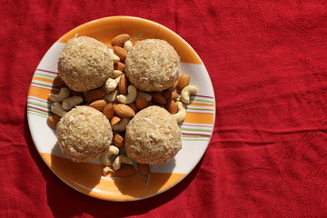 Rajasthani churma ladoo, made with coarsely ground wheat flour and roast with ghee and then mix dry fruits & sugar