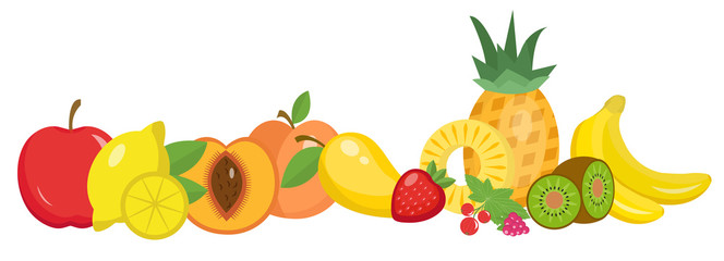 Fruits still life, isolated on white background. Fruit horizontal banner. Fruit set. Vector illustration