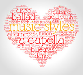 Music styles. Word cloud, heart, italic font, gradient grey background. Love of music.