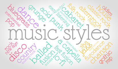 Musical styles. Word cloud, italic font, gradient grey background. Music concept.