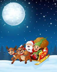 Santa and elf cartoon a riding in sled sleigh and gift bag with two reindeer in the night background

