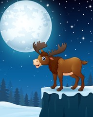 Fototapeta premium Cute moose cartoon in the winter night background
