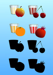 A set of glasses with fruit juice and fruits