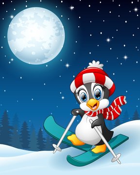 Snowboarding penguin cartoon in the winter night background