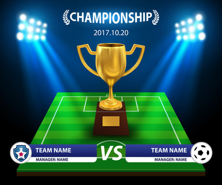 Trophy and information soccer board and football background
