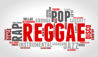 Reggae. Word cloud, type font, gradient grey background. Music concept.