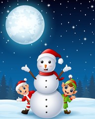 Christmas santa claus kid with cartoon elf and snowman in the winter background